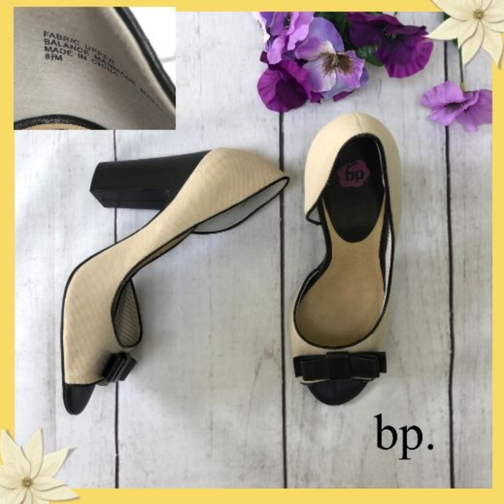 BP. Open Toe Suede Heels with Black Bow